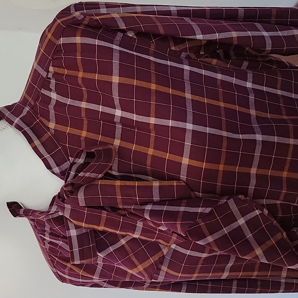 GAP Women's Burgundy and Mustard Plaid 100% Cotton Blouse Size L
